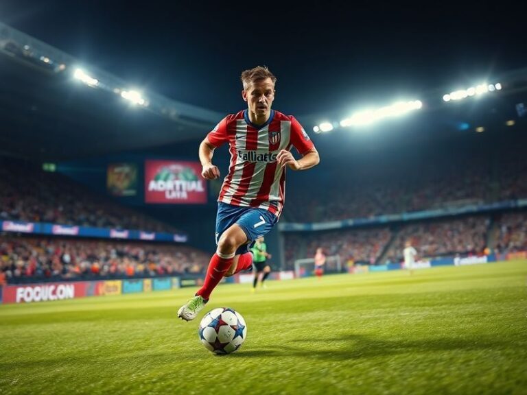 Antoine Griezmann in action wearing Atlético Madrid’s red-and-white striped jersey, dribbling past an opponent at the Wanda M