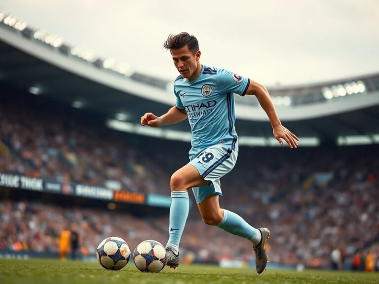 A dynamic action shot of Julián Álvarez wearing Manchester City's sky blue jersey, dribbling past a defender in a Premier Lea