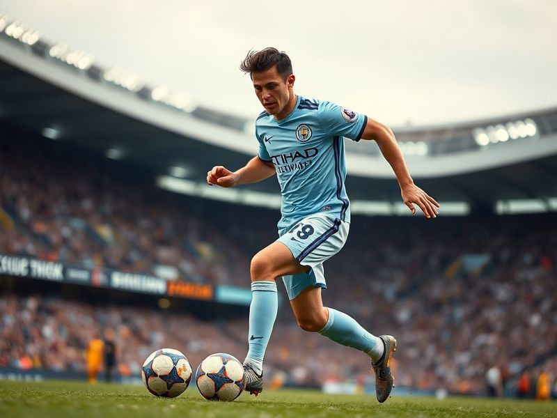 A dynamic action shot of Julián Álvarez wearing Manchester City's sky blue jersey, dribbling past a defender in a Premier Lea