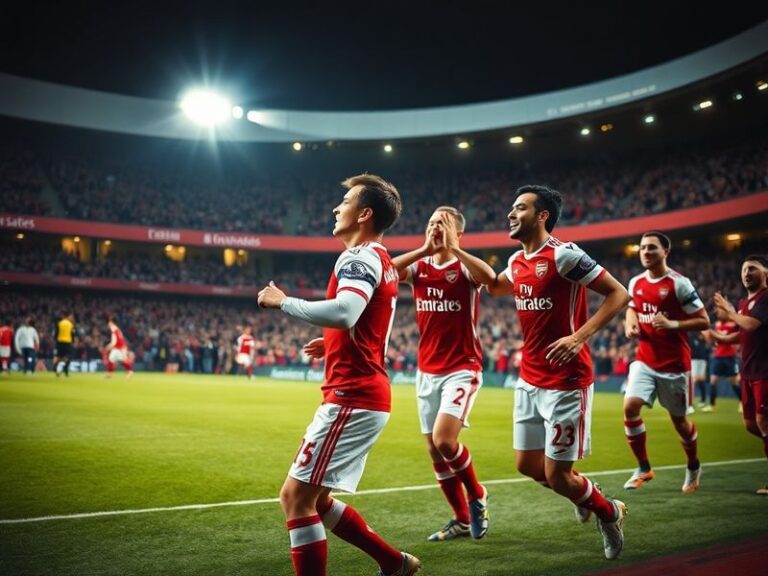 A dynamic shot of Arsenal players celebrating a goal at the Emirates Stadium, with the stands blurred in the background. The