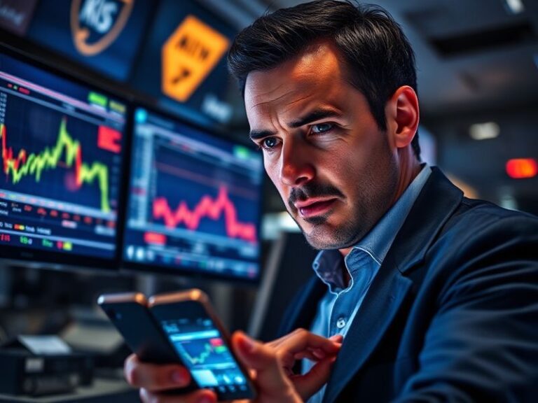 A bustling global stock exchange trading floor with digital screens displaying earnings reports in real-time, surrounded by d
