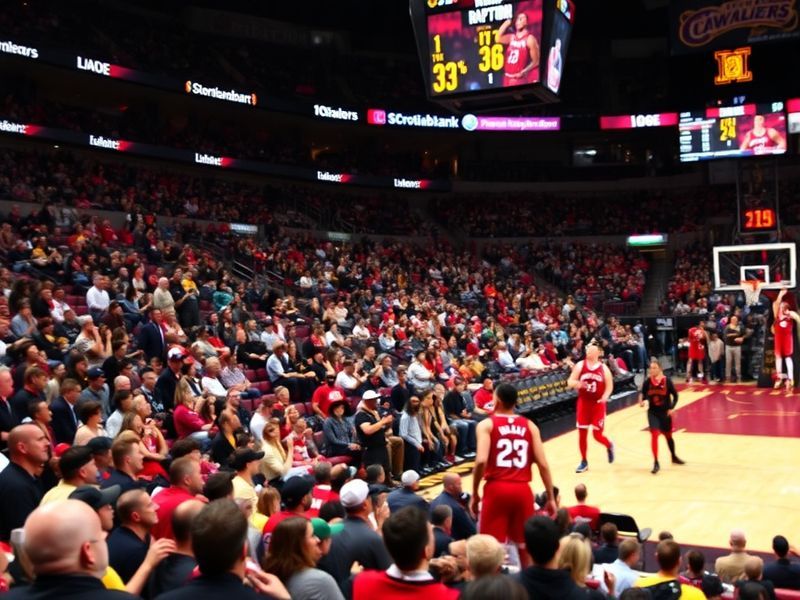 A split-screen image showing a Raptors player in a red jersey on one side and a Cavaliers player in a maroon jersey on the ot