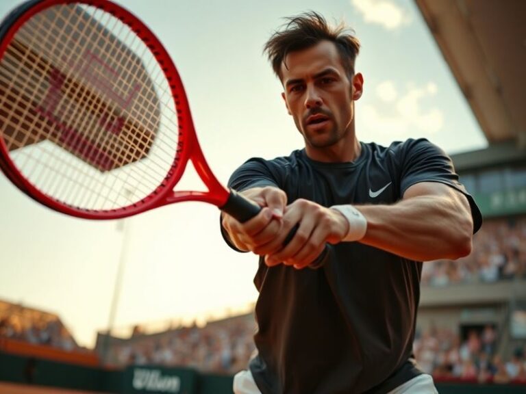 A dynamic action shot of Arthur Fils on court at the Australian Open, mid-forehand swing with intense focus, wearing the Fren