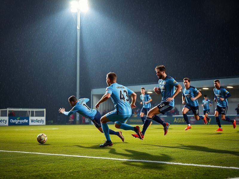 A vibrant matchday scene at Woodside Road, featuring Worthing FC players in action under floodlights, with a packed terrace o