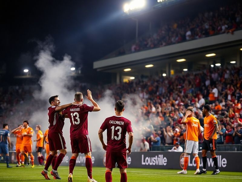 A tense moment at Lynn Family Stadium during the Louisville City FC vs Houston Dynamo match, showing players in mid-action wi