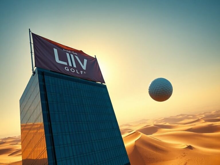 A split-image visual: on one side, a LIV Golf tournament with a packed audience and modern architecture in the background; on