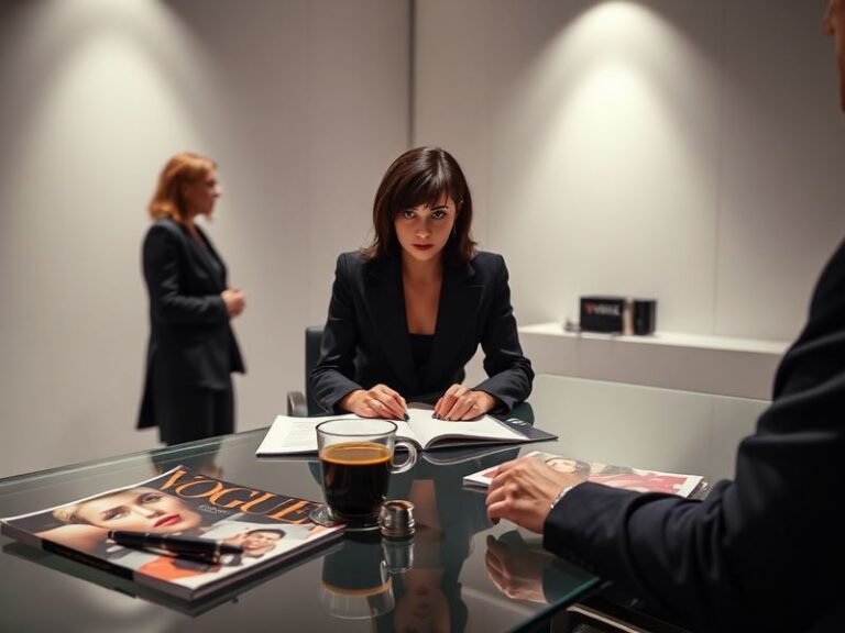 A stylish film still featuring Meryl Streep and Anne Hathaway in a high-fashion setting, with Runway magazine's iconic logo i