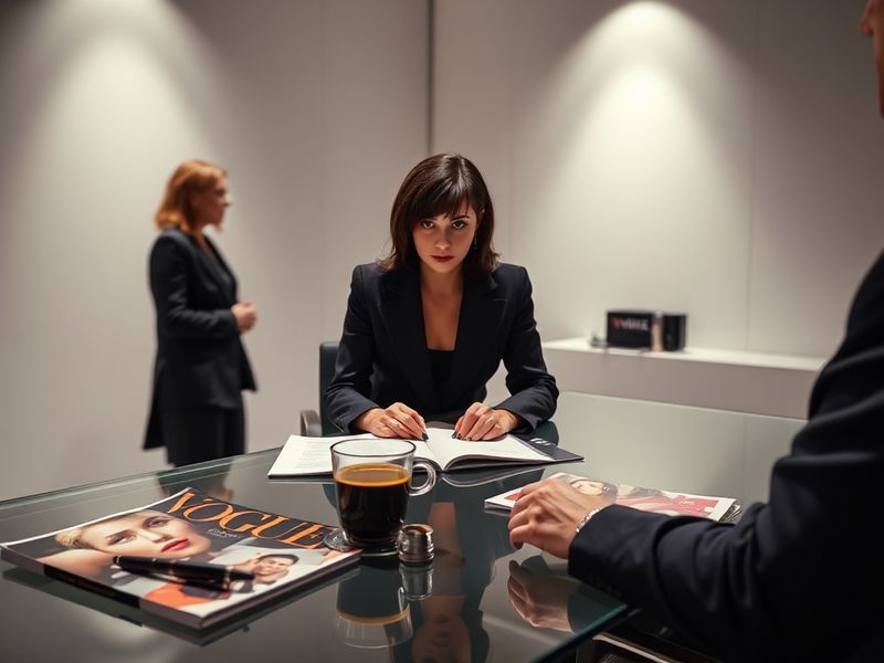 A stylish film still featuring Meryl Streep and Anne Hathaway in a high-fashion setting, with Runway magazine's iconic logo i