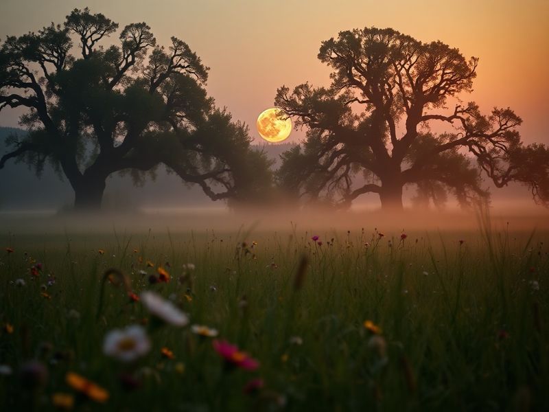 A serene nighttime landscape featuring a bright, glowing Full Flower Moon rising over a blooming spring meadow with wildflowe
