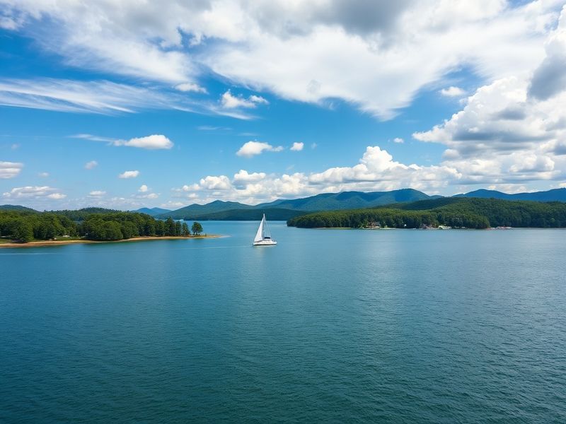 A panoramic view of Lake Lanier at golden hour, showing calm waters, forested hills, and a distant sailboat. The scene captur
