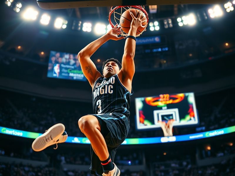 A dynamic action shot of Paolo Banchero mid-game, wearing the Orlando Magic jersey, with blurred arena lights in the backgrou