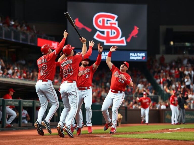A vibrant scene at Busch Stadium during a Cardinals game, featuring fans in red jerseys, the iconic red bird logo, and the Ga