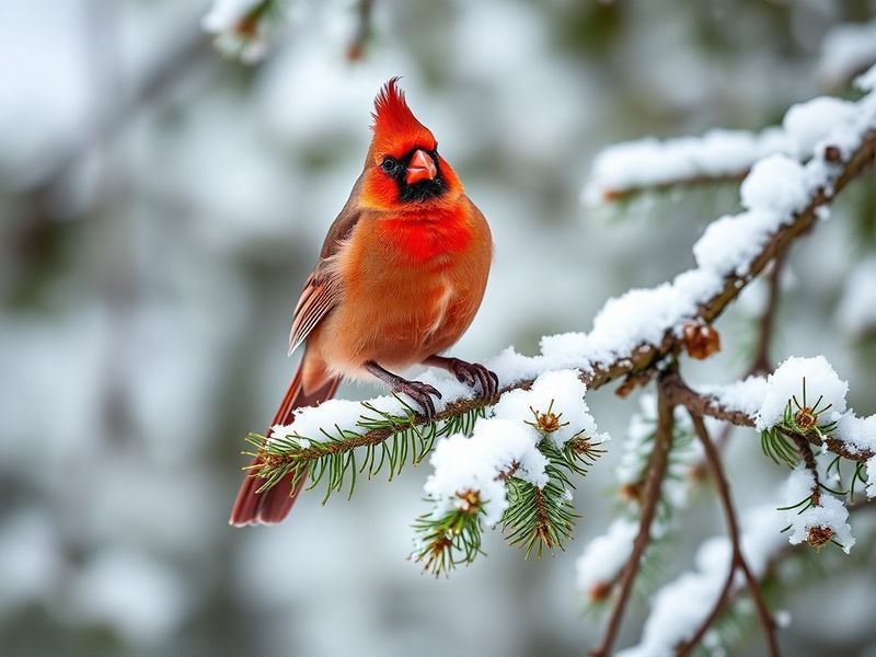 A vibrant northern cardinal perched on a snow-covered branch in a quiet forest, its bright red feathers contrasting against w