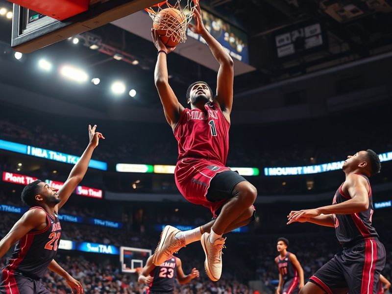 A dynamic action shot of Max Strus in a Miami Heat jersey, mid-jump shot, crowd blurred in the background, conveying focus an