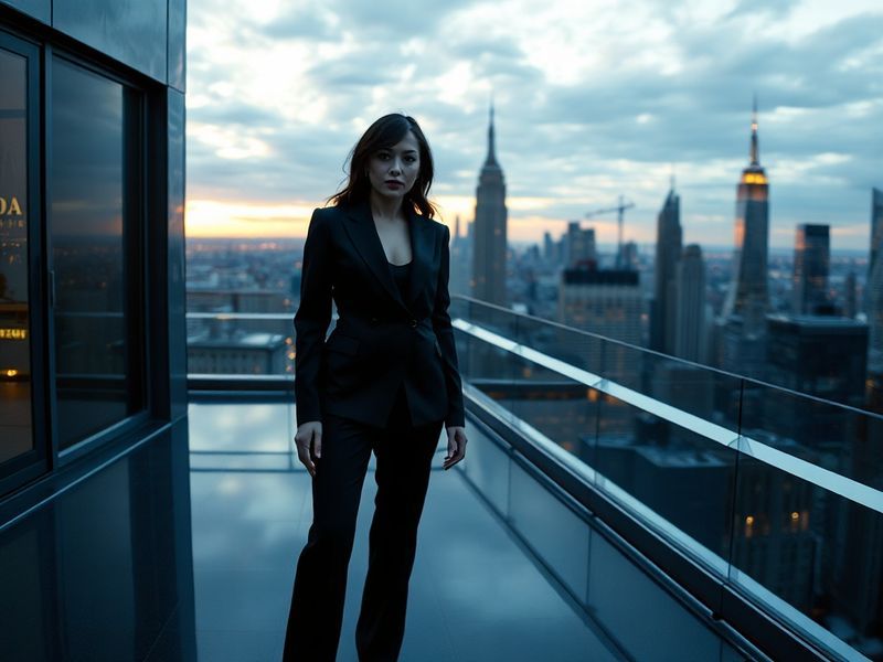 A stylish movie still featuring Meryl Streep as Miranda Priestly and Anne Hathaway as Andy Sachs in a high-fashion office set
