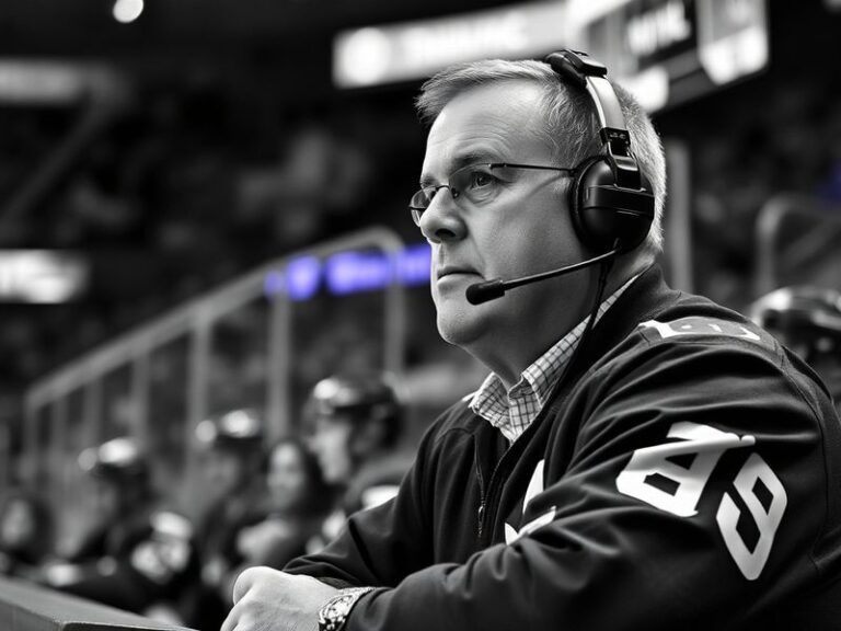 A candid shot of Rick Tocchet during a game, wearing a Coyotes jacket, with players in the background. The arena lights are b