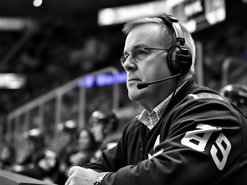 A candid shot of Rick Tocchet during a game, wearing a Coyotes jacket, with players in the background. The arena lights are b