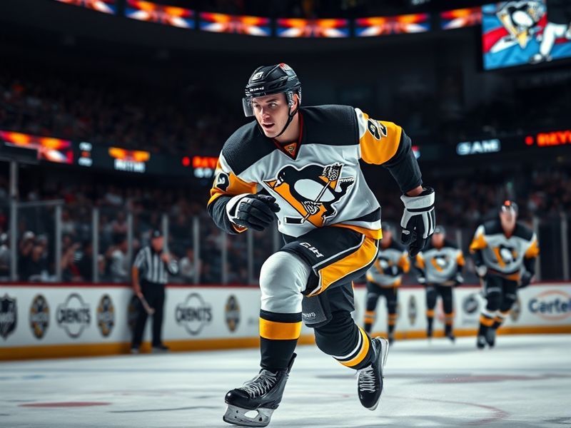 A dynamic action shot of Evgeni Malkin in a Pittsburgh Penguins jersey, mid-game, with a focused expression and the intensity