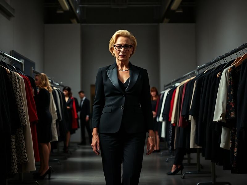 A stylish movie still featuring Emily Blunt in a modern fashion office setting, surrounded by high-end clothing and digital s