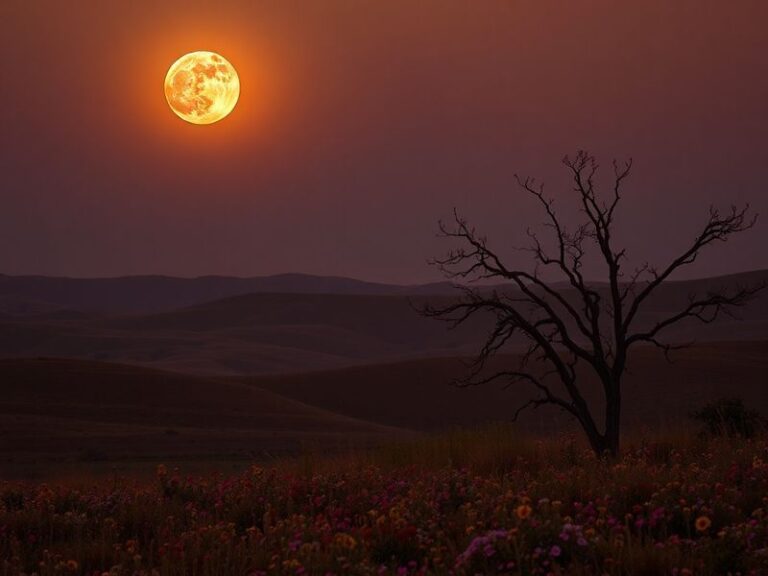 A serene night scene featuring a bright, golden full moon rising over a wildflower meadow at dusk, with silhouetted trees and
