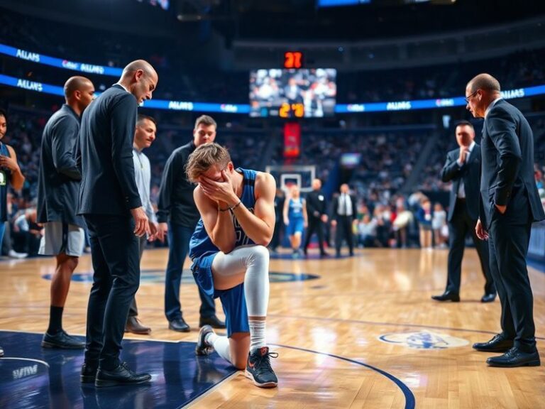 Luka Dončić sitting on the bench with an ice pack on his left ankle, surrounded by Mavericks staff. The arena lights are dimm