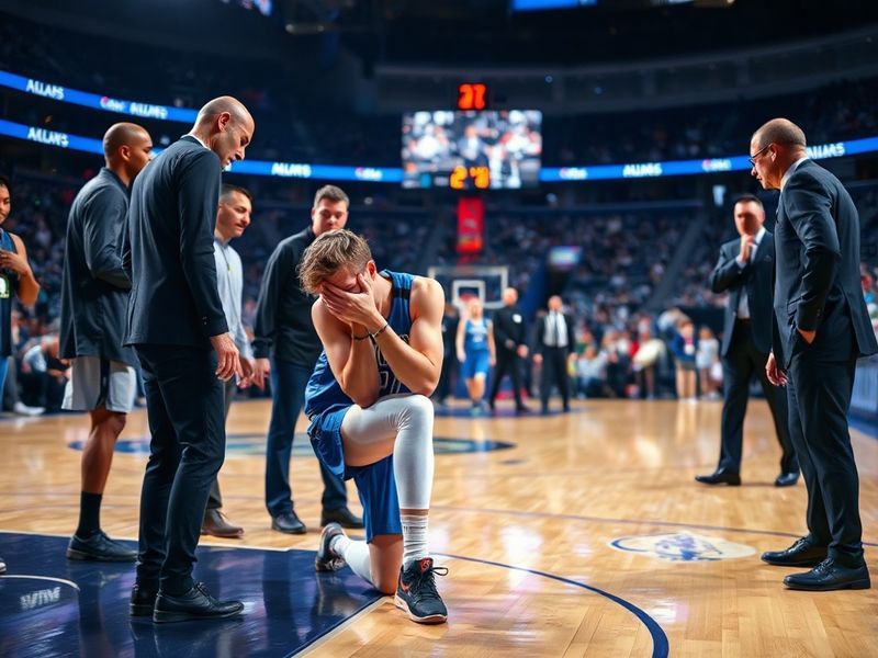 Luka Dončić sitting on the bench with an ice pack on his left ankle, surrounded by Mavericks staff. The arena lights are dimm