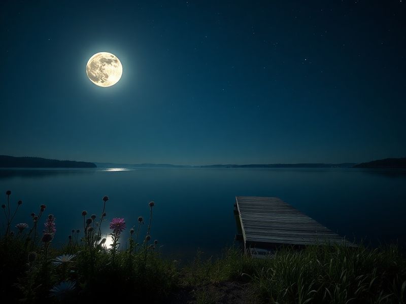 A serene night scene featuring the Flower Moon rising over a blooming field of wildflowers, with a silhouette of trees in the