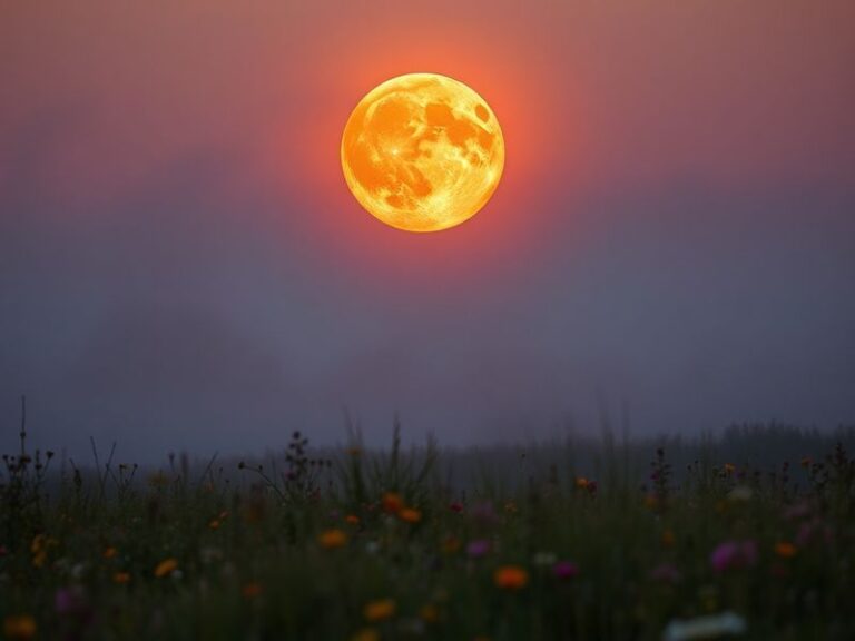 A serene night scene featuring a large, golden Flower Moon rising over a blooming meadow with wildflowers in soft focus. In t