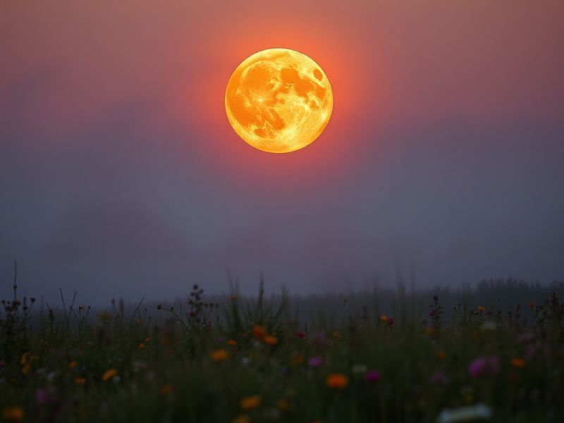 A serene night scene featuring a large, golden Flower Moon rising over a blooming meadow with wildflowers in soft focus. In t