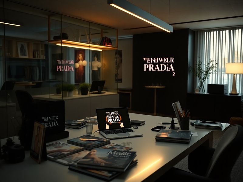 A stylish movie poster for The Devil Wears Prada 2 featuring Anne Hathaway and Meryl Streep in a chic, high-fashion setting w