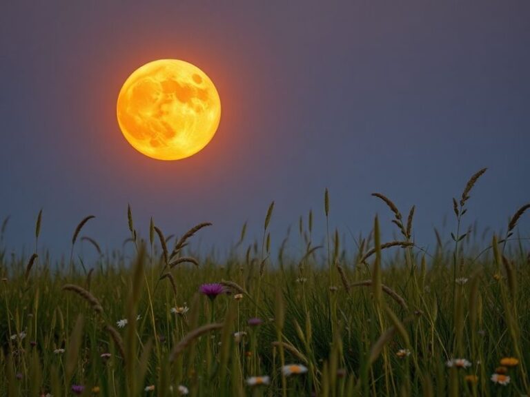 A serene nighttime landscape featuring a bright, golden Flower Moon rising above a field of blooming wildflowers, with soft p