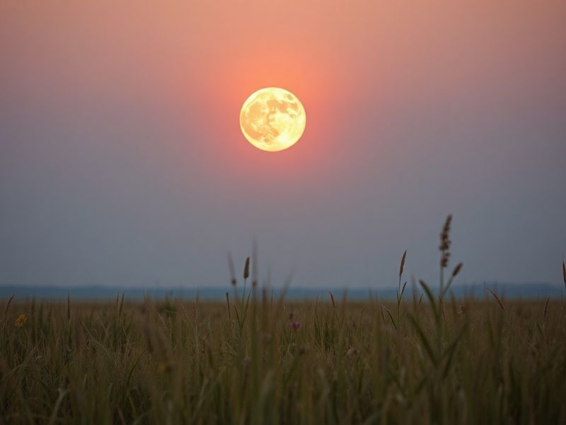A high-resolution image of the Flower Moon rising over a blooming field at twilight, with soft pink and purple hues in the sk
