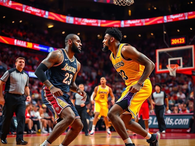 A dynamic NBA court scene featuring LeBron James (Lakers) and Jalen Green (Rockets) in action during a high-stakes game. The