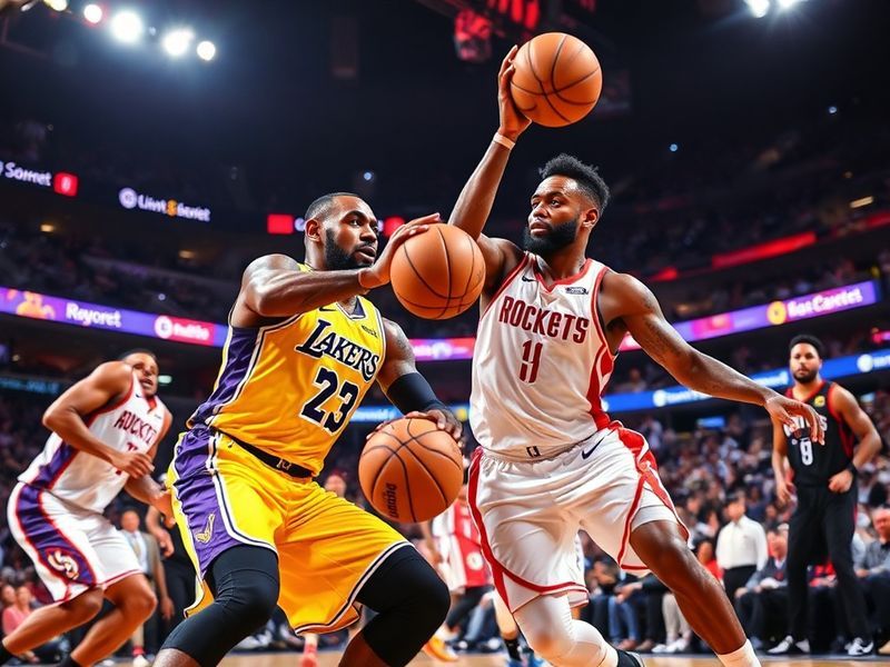 A split-image showing Hakeem Olajuwon mid-moves against the Lakers in the 1990s on one side, and LeBron James and James Harde