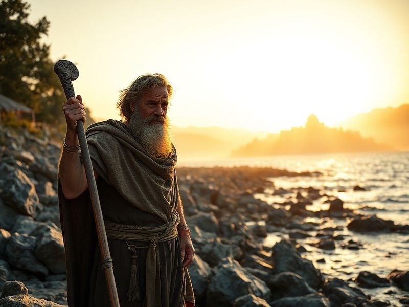 A cinematic scene from the 2023 Odyssey movie showing Odysseus (Varun Dhawan) standing on a cliff overlooking the Mediterrane