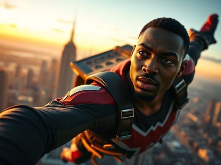 Anthony Mackie in full Sam Wilson/Falcon costume, mid-flight against an urban skyline at golden hour, embodying heroism and i