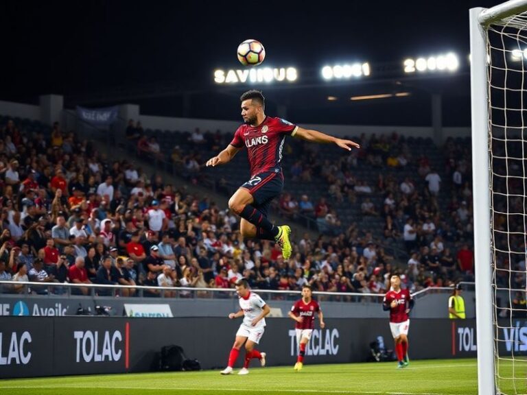 A dynamic action shot of LAFC's Denis Bouanga striking the ball against Toluca's defense at BMO Stadium, with fans blurred in