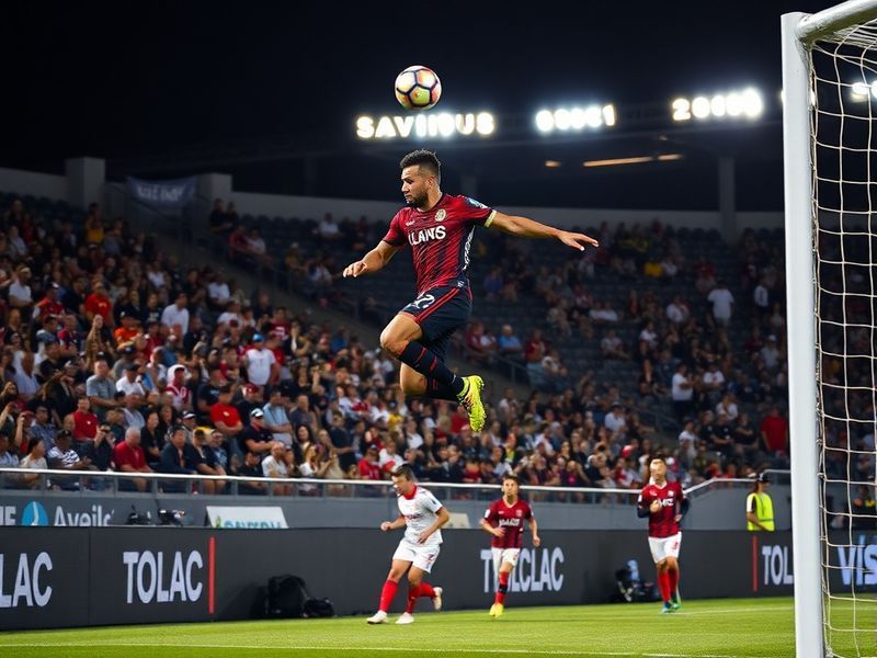 A dynamic action shot of LAFC's Denis Bouanga striking the ball against Toluca's defense at BMO Stadium, with fans blurred in