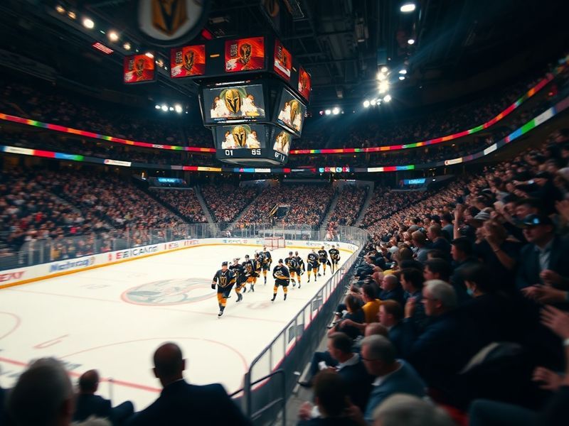 A dynamic action shot of the Vegas Golden Knights celebrating their Stanley Cup victory on the ice at T-Mobile Arena, with co