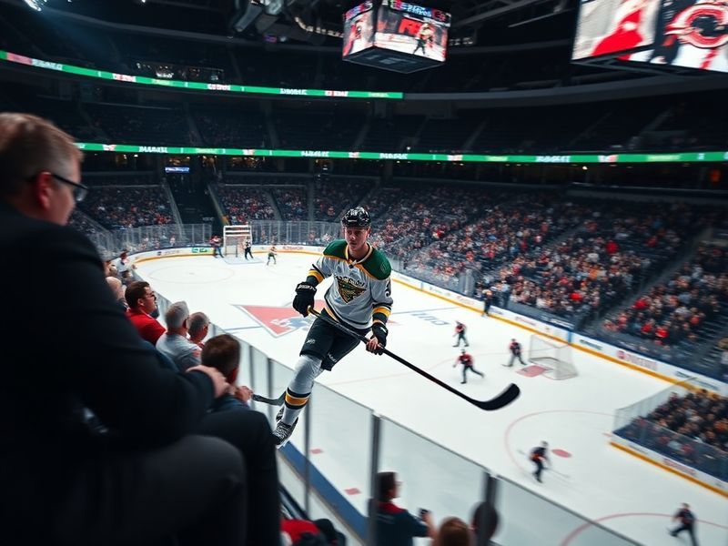 Mitch Marner skating in a Toronto Maple Leafs jersey during a home game at Scotiabank Arena, surrounded by cheering fans and