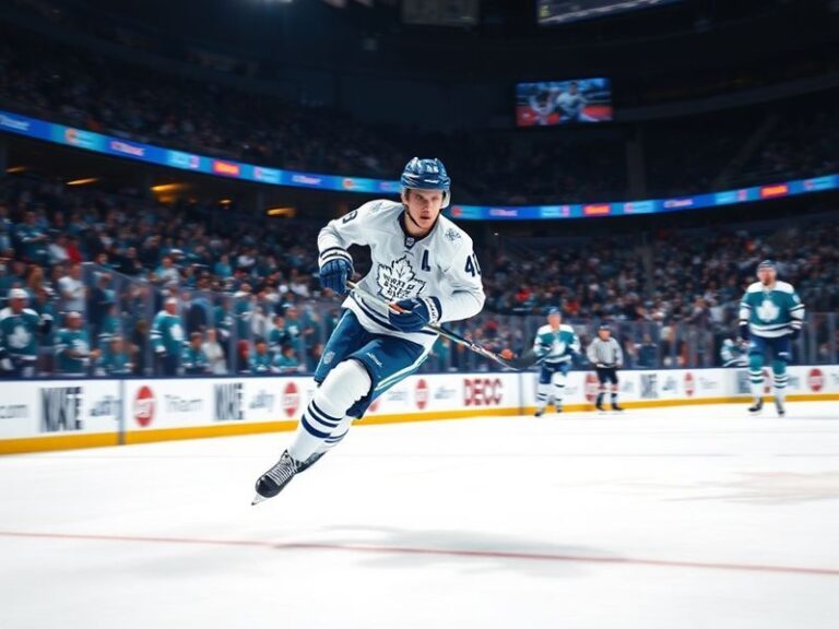 A dynamic action shot of Mitch Marner in a Toronto Maple Leafs jersey, mid-play on the ice, with the Scotiabank Arena crowd b