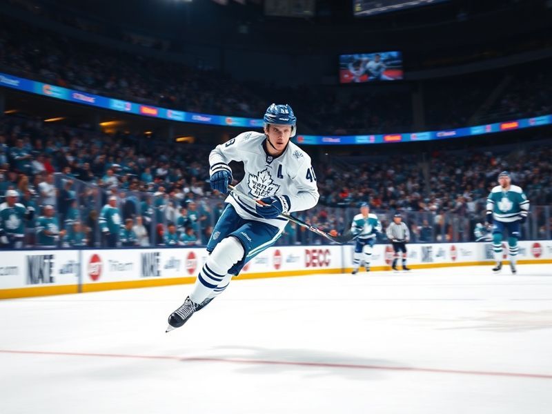 A dynamic action shot of Mitch Marner in a Toronto Maple Leafs jersey, mid-play on the ice, with the Scotiabank Arena crowd b