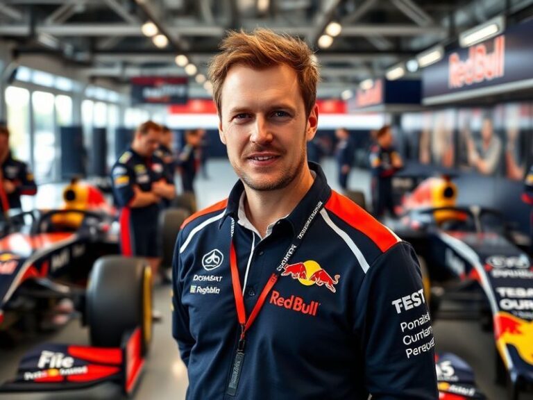 Christian Horner in a Red Bull Racing team jacket, standing on the pit lane with the RB19 or RB20 car visible behind him, sur