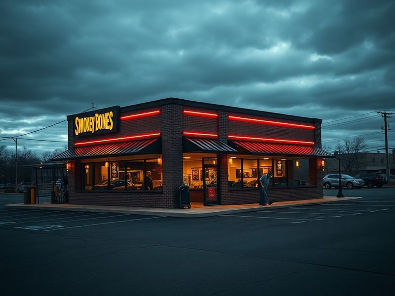 A nostalgic interior shot of a Smokey Bones restaurant, featuring dim lighting, wooden tables, and sports memorabilia on the