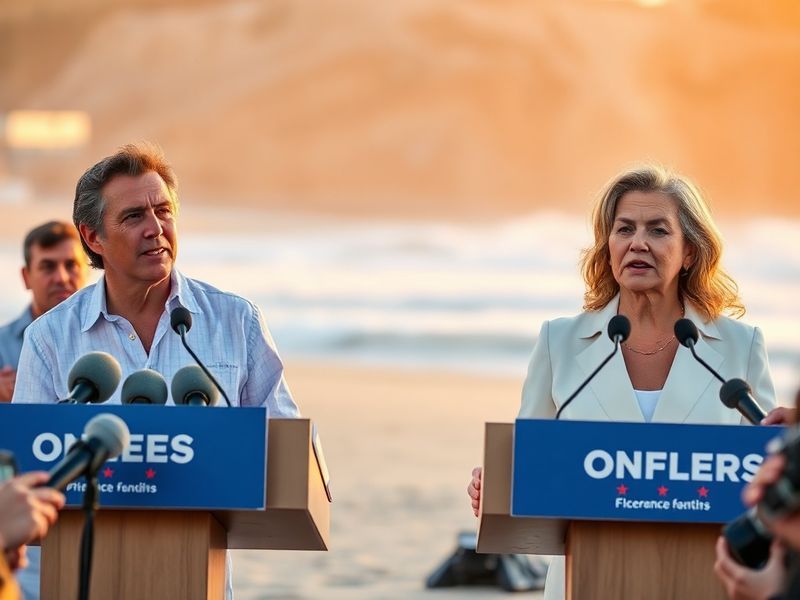 A split-image graphic showing Gavin Newsom on one side and Brian Dahle on the other, with a California state outline in the b