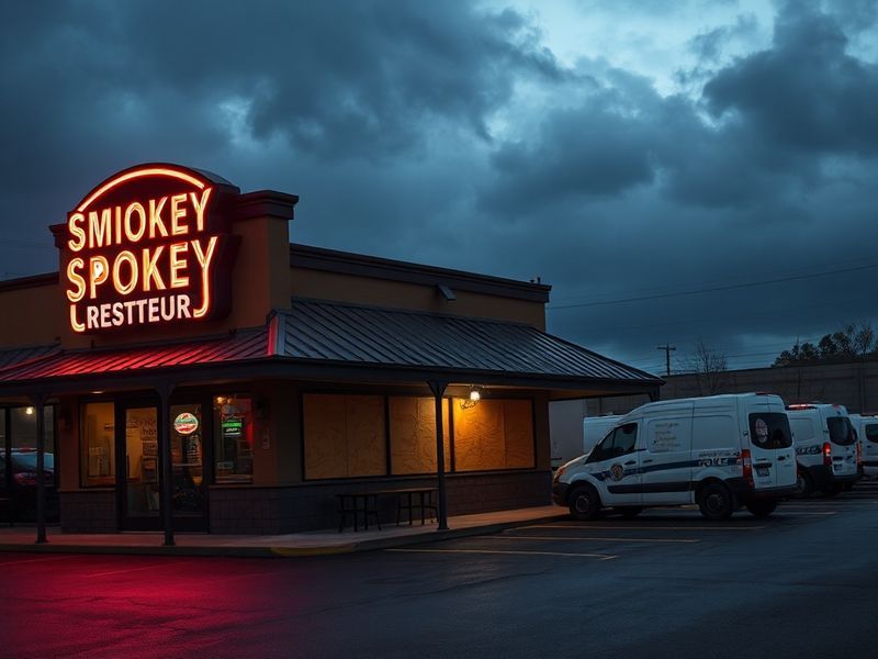 A closed Smokey Bones restaurant with 'Now Hiring' and 'For Lease' signs in the windows, surrounded by empty parking spaces u