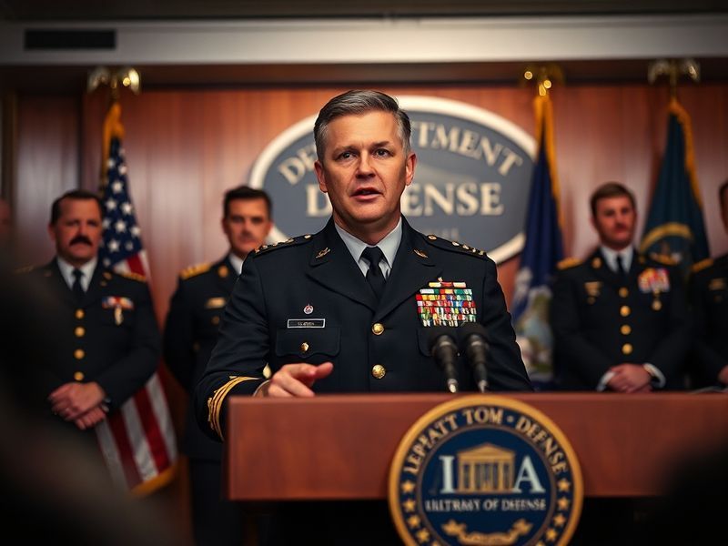 A split-image composition showing Pete Hegseth speaking at a podium on one side, and a futuristic military command center wit