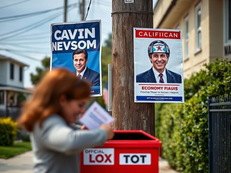A split-image graphic showing Gavin Newsom and Brian Dahle side by side, with a background of California state landmarks and