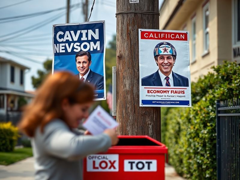 A split-image graphic showing Gavin Newsom and Brian Dahle side by side, with a background of California state landmarks and