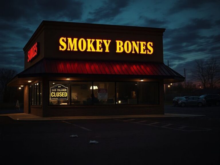 A dimly lit Smokey Bones interior with empty tables, faded branding, and a single employee wiping down a counter, evoking a s